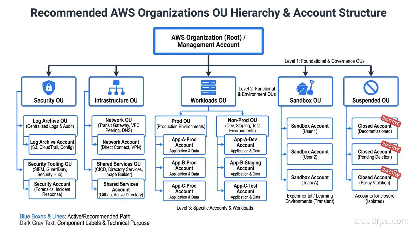 AWS Organizations OU hierarchy showing the recommended account structure with Security, Infrastructure, Workloads, Sandbox, and Suspended OUs