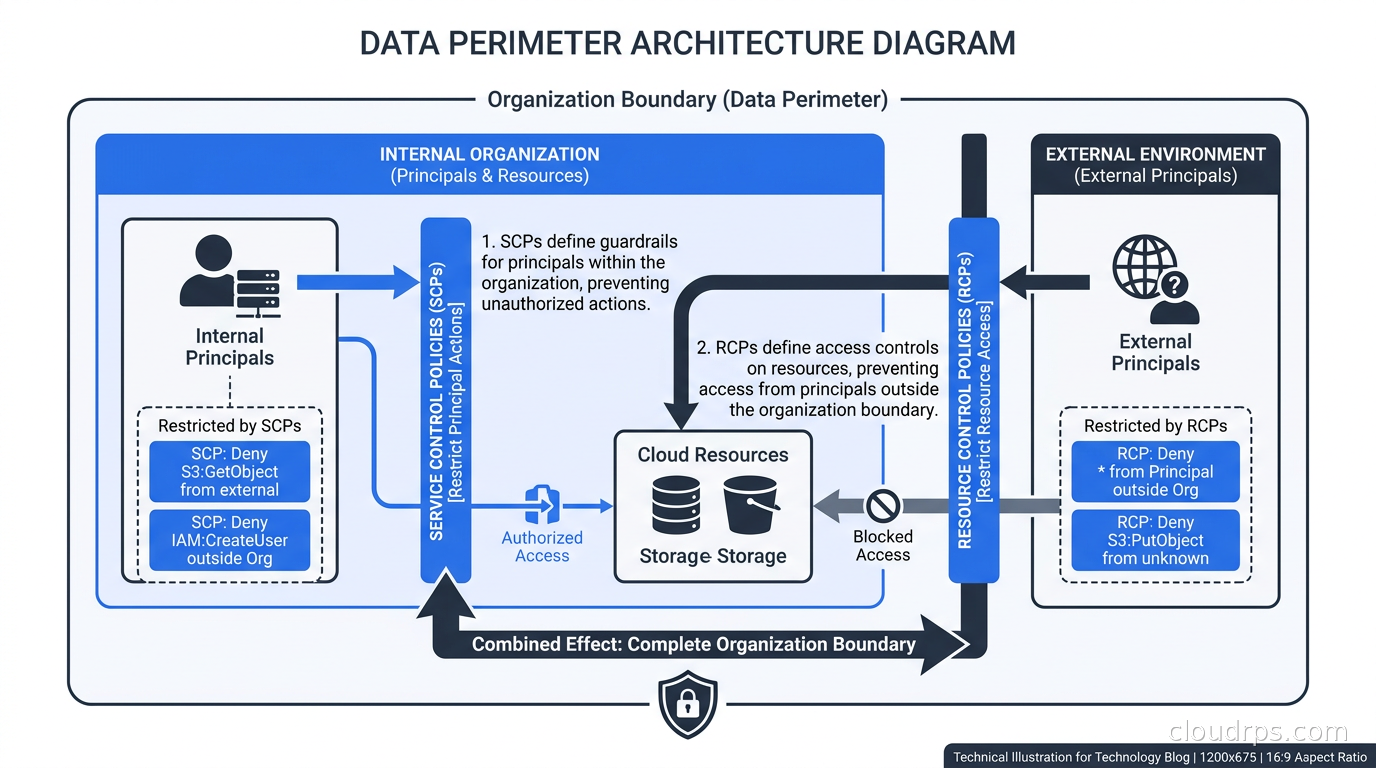 Data perimeter architecture showing SCPs restricting principal actions and RCPs restricting resource access from external principals, together creating a complete organization boundary