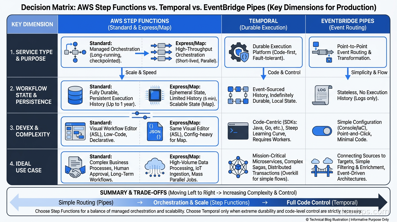 Decision matrix comparing AWS Step Functions, Temporal, and EventBridge Pipes across key dimensions