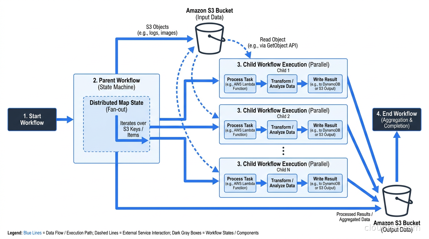 Architecture diagram showing Distributed Map fanning out to child workflows processing S3 objects in parallel