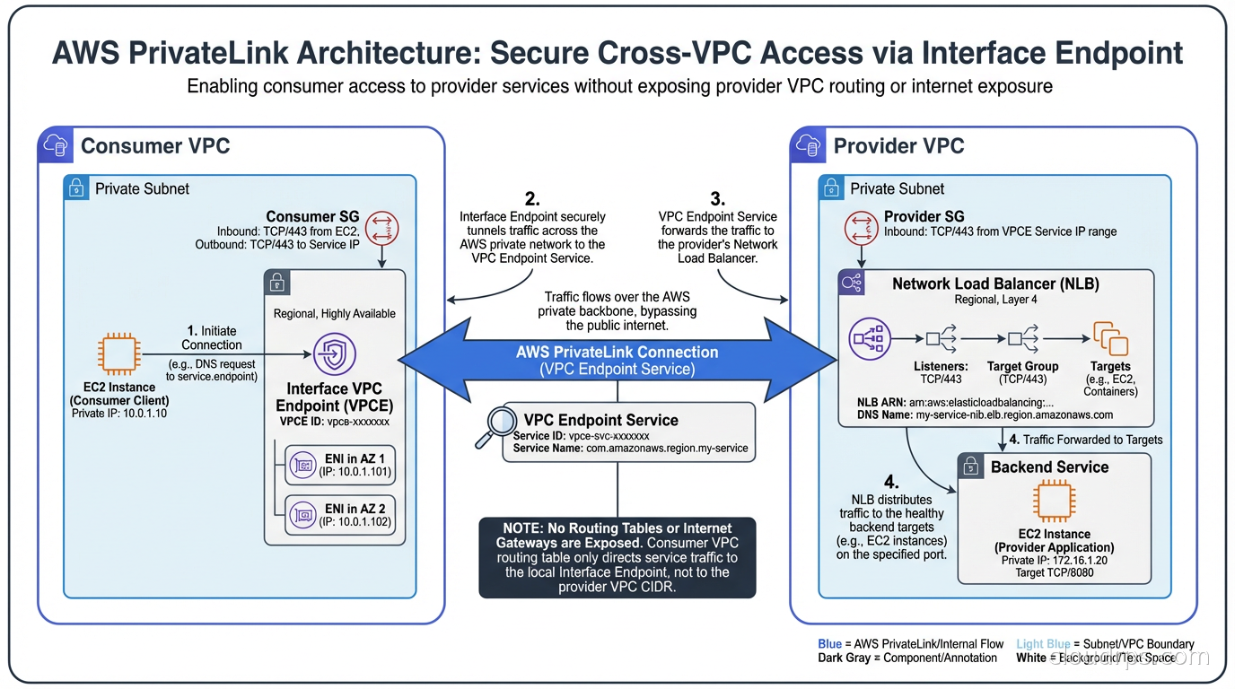 AWS PrivateLink architecture showing consumer VPC interface endpoint connecting to provider Network Load Balancer without exposing provider VPC routing to consumers