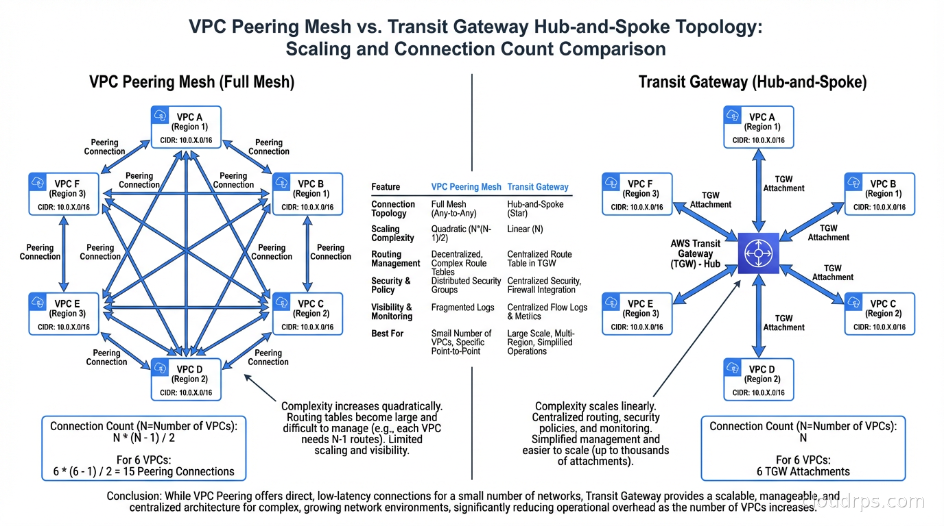 VPC Peering mesh versus Transit Gateway hub-and-spoke topology showing how connection count scales differently with each approach