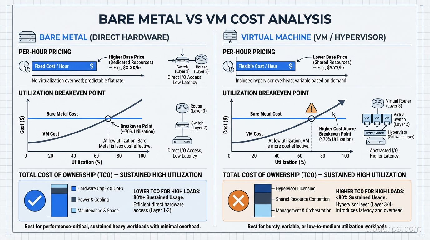 Bare metal vs VM cost analysis showing per-hour pricing, utilization breakeven point, and total cost of ownership for sustained high-utilization workloads