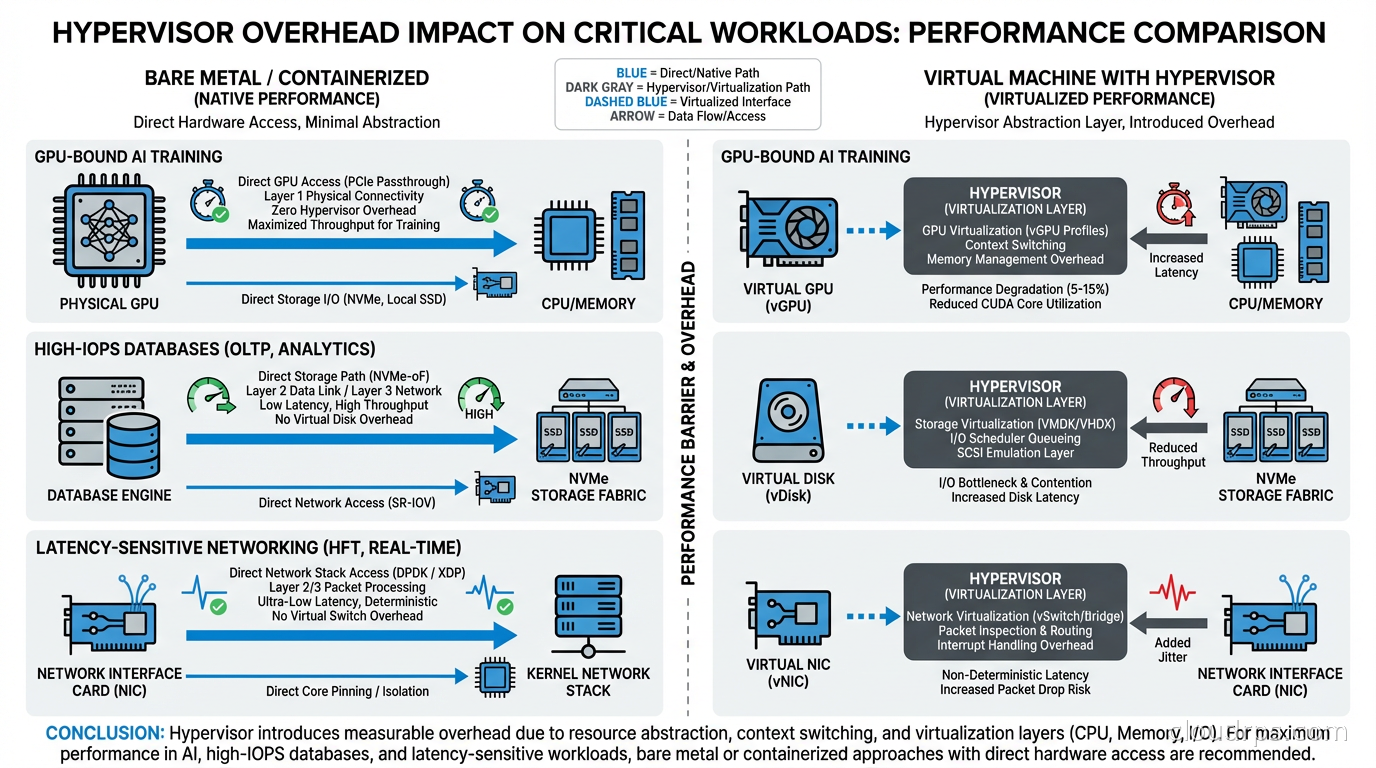 Performance comparison chart showing hypervisor overhead impact on GPU-bound AI training, high-IOPS databases, and latency-sensitive networking workloads
