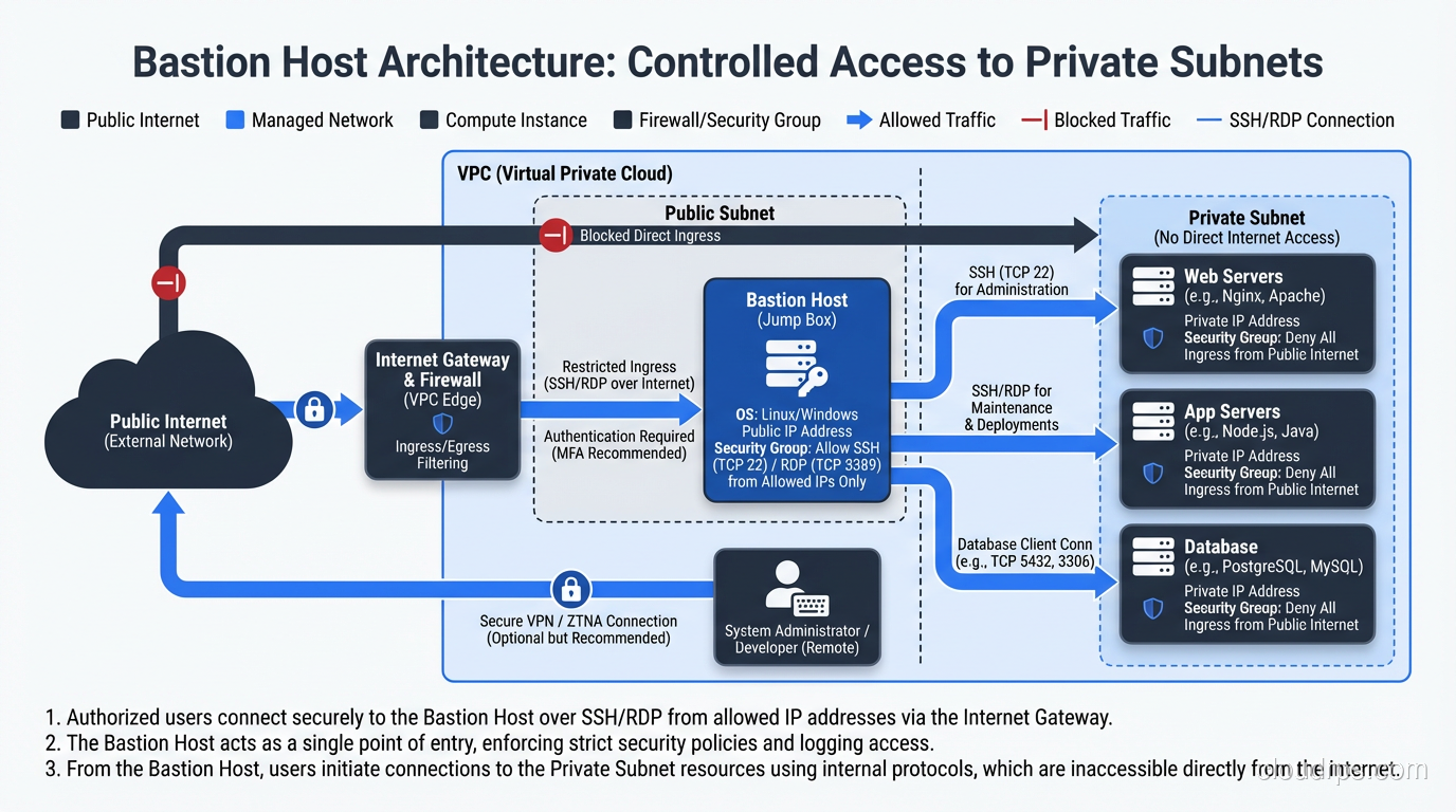 Bastion host architecture showing controlled access from internet through bastion to private subnets
