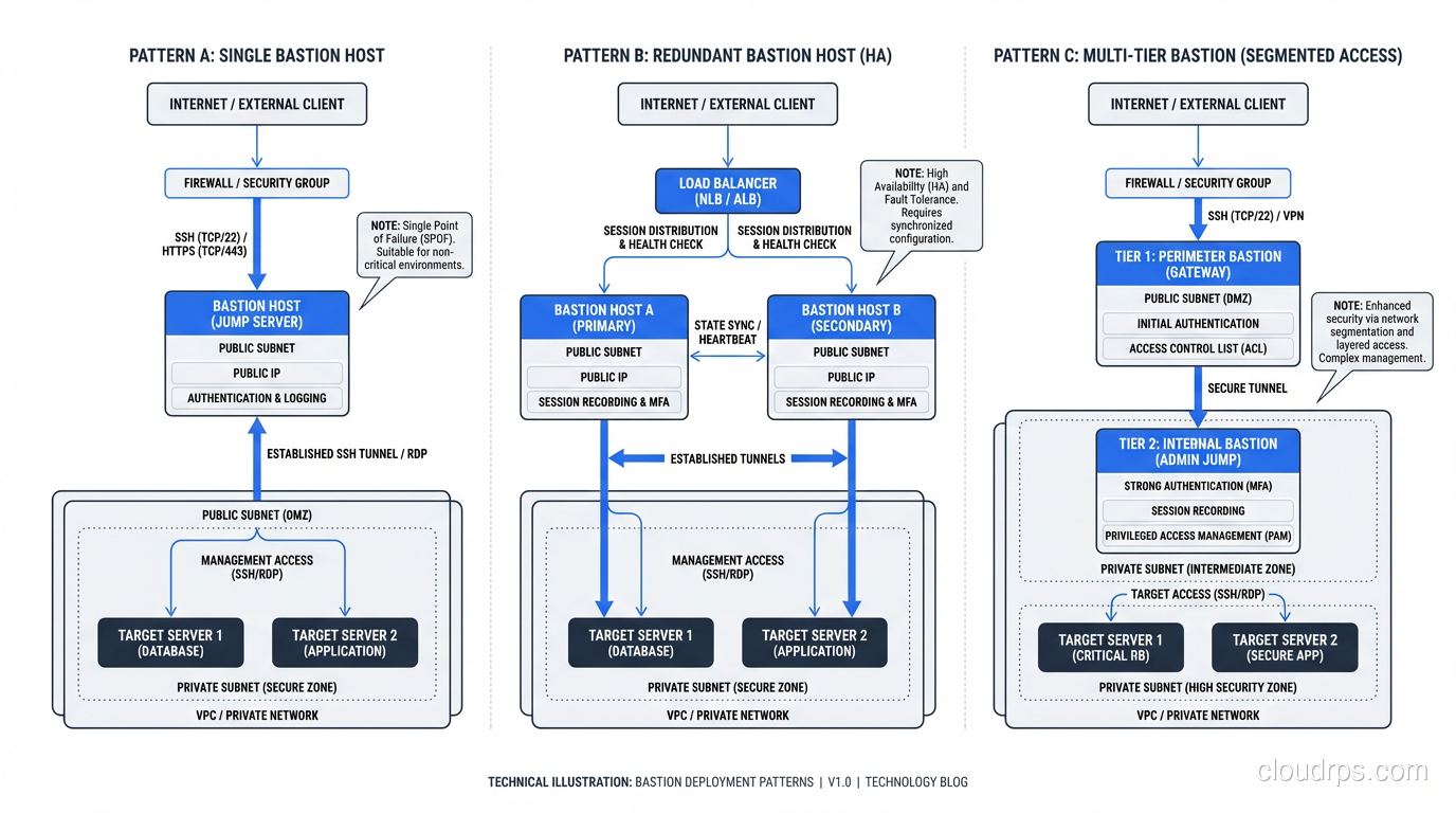 Bastion deployment patterns showing single, redundant, and multi-tier configurations