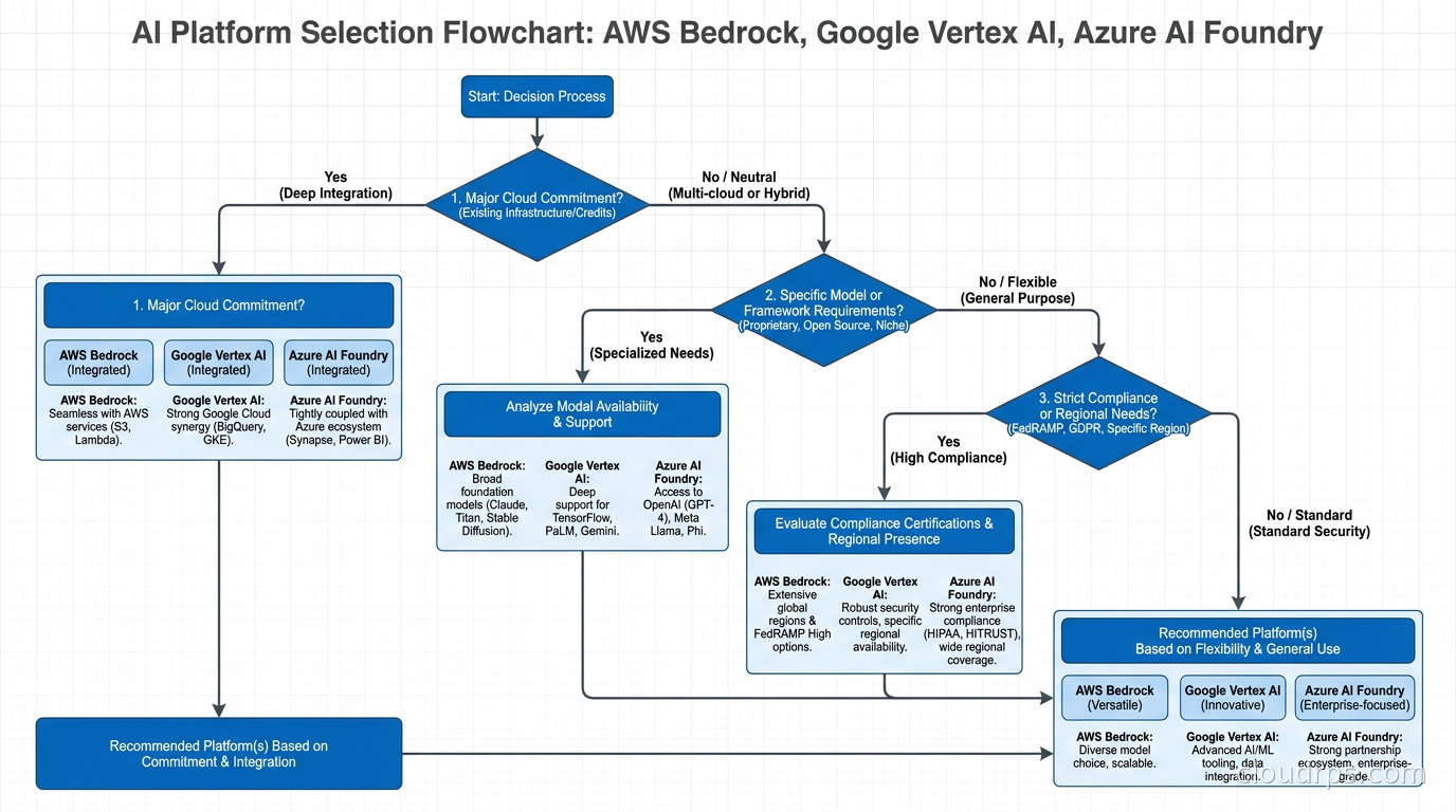 Decision flowchart for choosing between AWS Bedrock, Google Vertex AI, and Azure AI Foundry based on cloud commitment, model requirements, and compliance posture