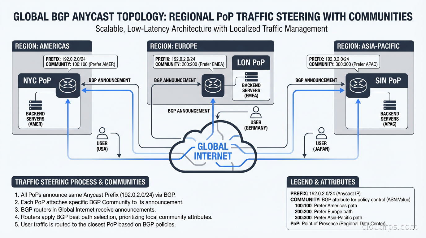 BGP anycast topology showing regional PoPs announcing the same prefix with BGP communities for traffic steering