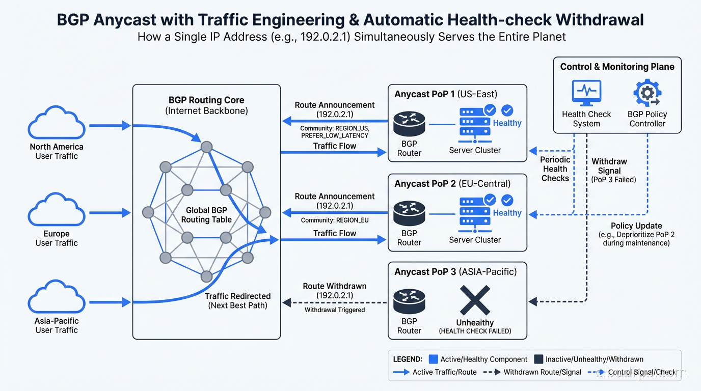 Anycast with BGP community-based traffic engineering and automatic health-check withdrawal