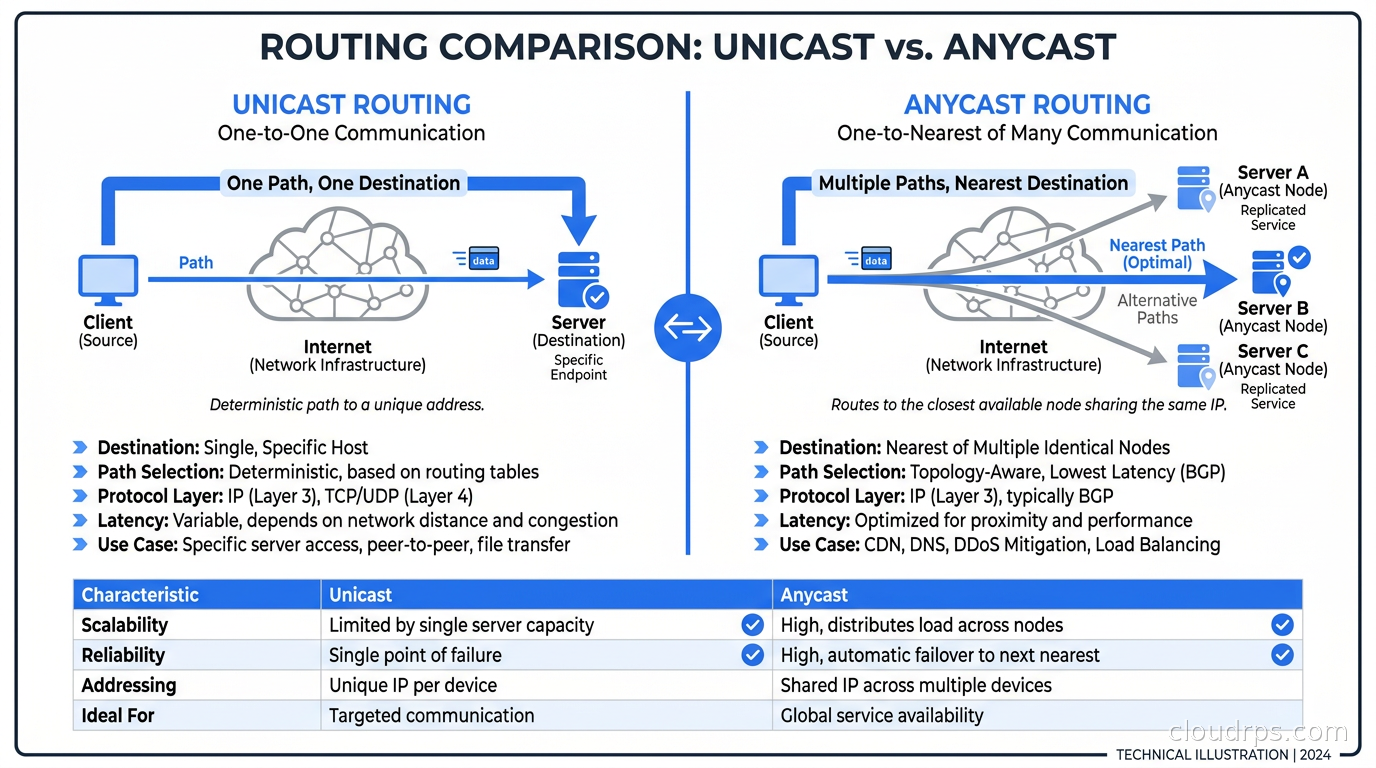 Unicast vs anycast routing: unicast sends to one destination while anycast routes to the nearest of many