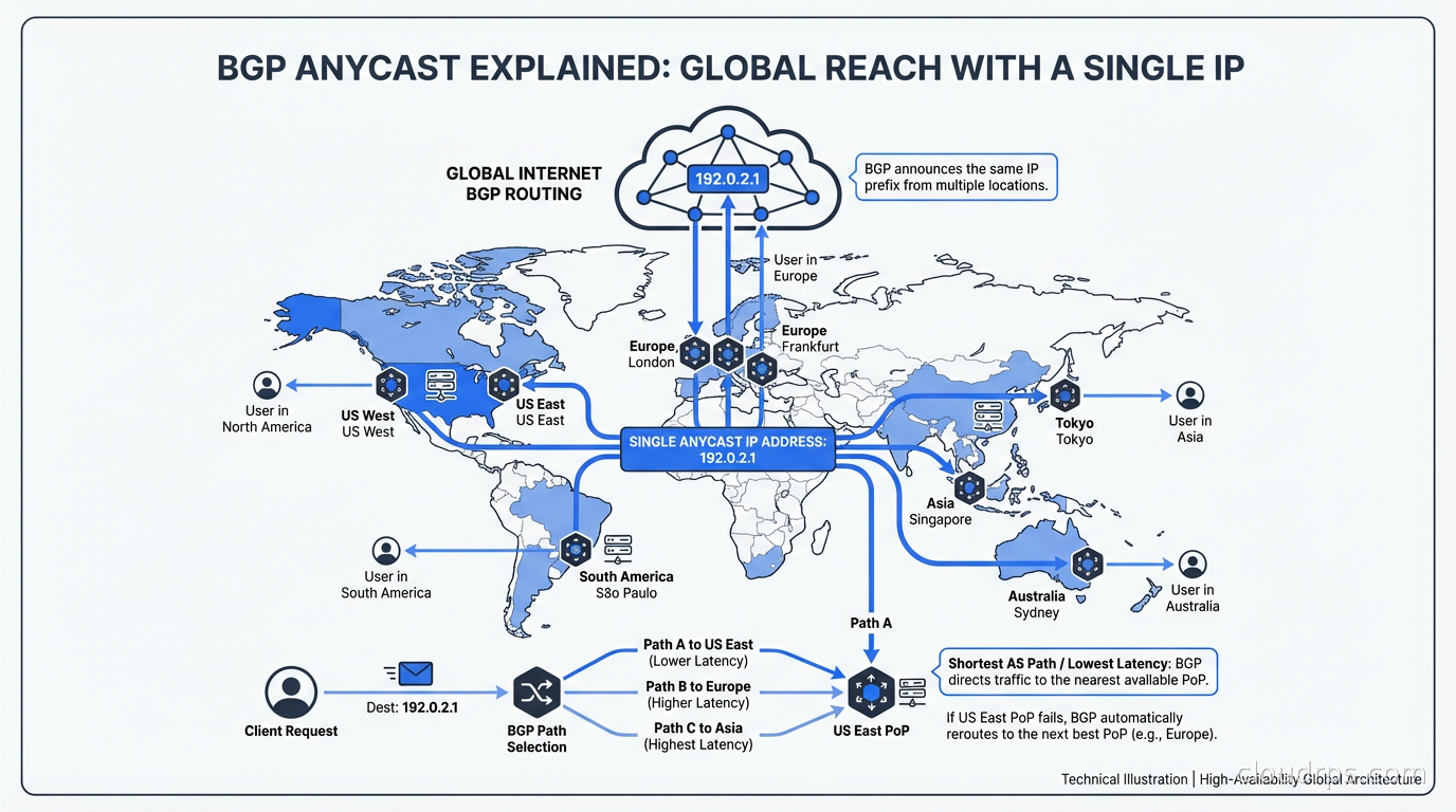 Global map showing BGP anycast routing with a single IP address being served from multiple points of presence around the world