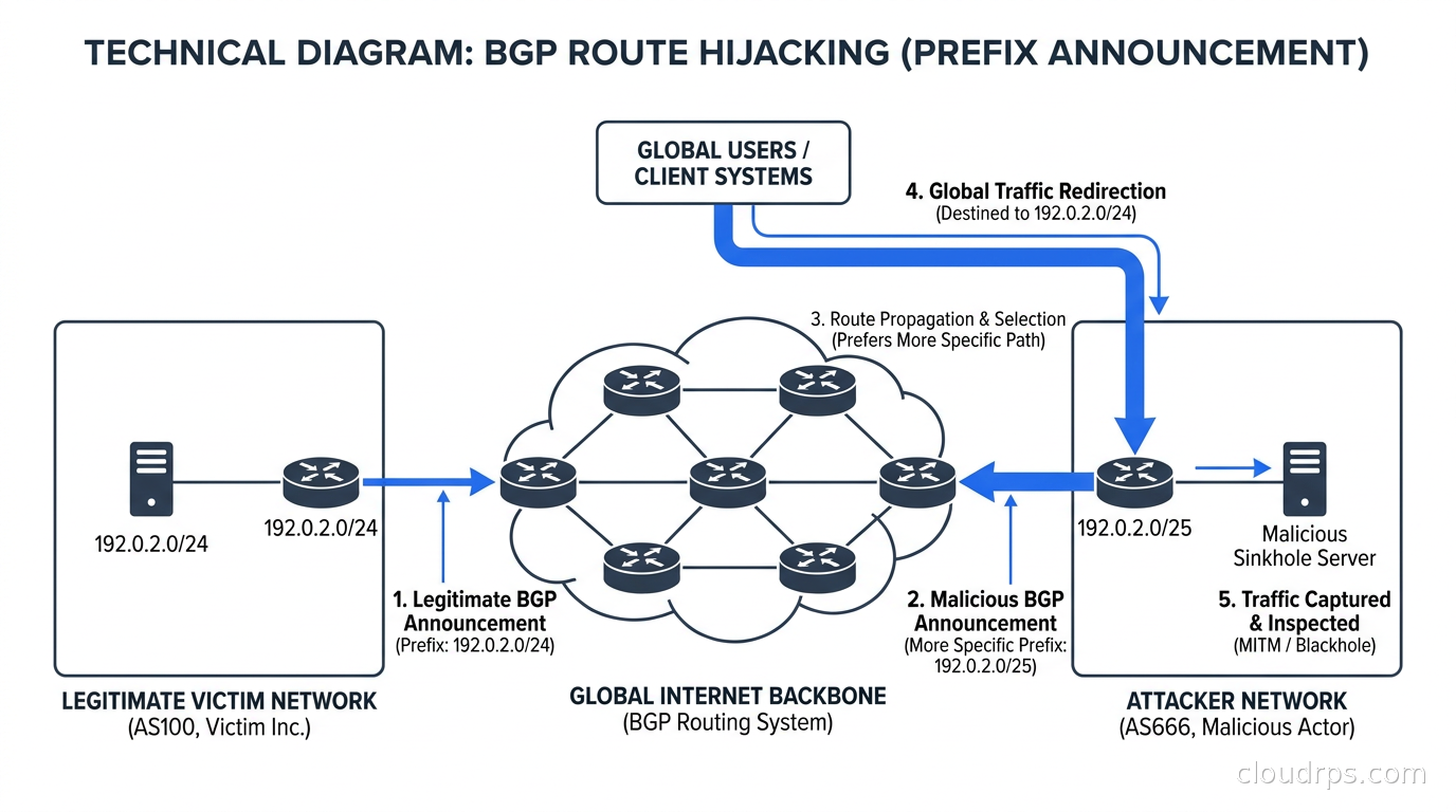 BGP route hijacking attack diagram showing malicious prefix announcement capturing global traffic