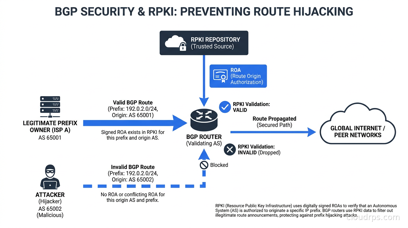 Network diagram showing BGP routing paths with RPKI validation securing the routing table against prefix hijacking