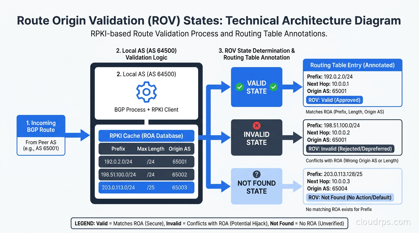 Route Origin Validation states showing valid, invalid, and not-found route annotations on a routing table