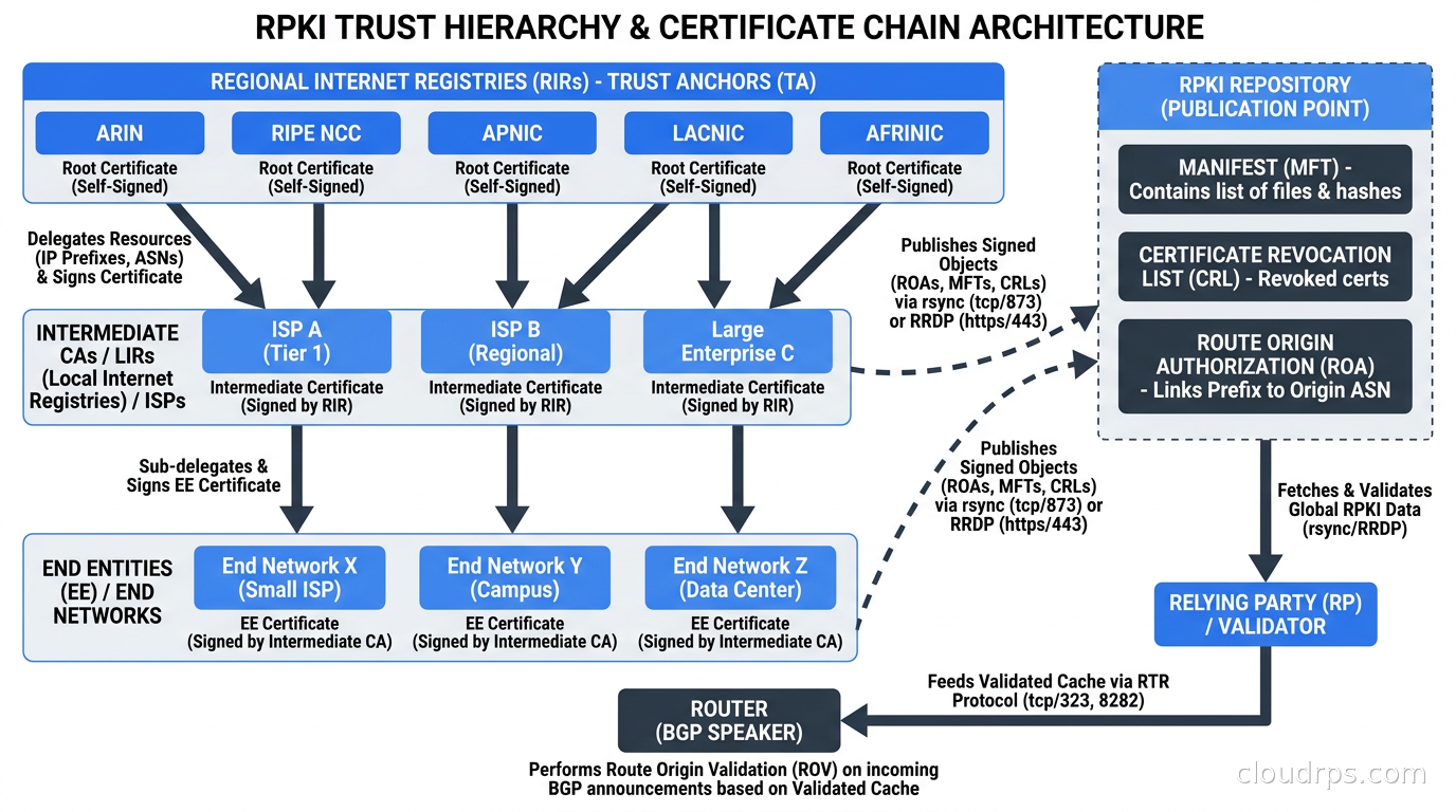 RPKI trust hierarchy showing Regional Internet Registries, ISPs, and end networks with certificate chain