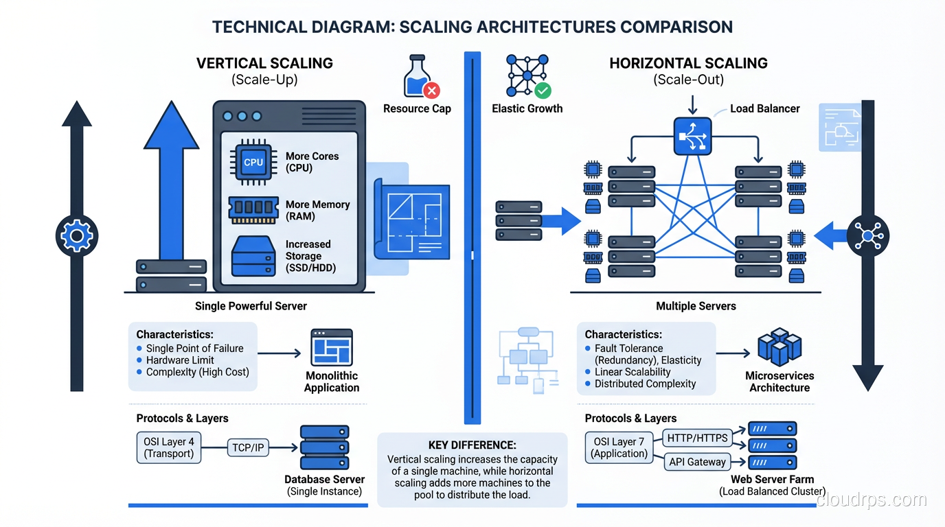 Diagram showing vertical vs horizontal scaling approaches