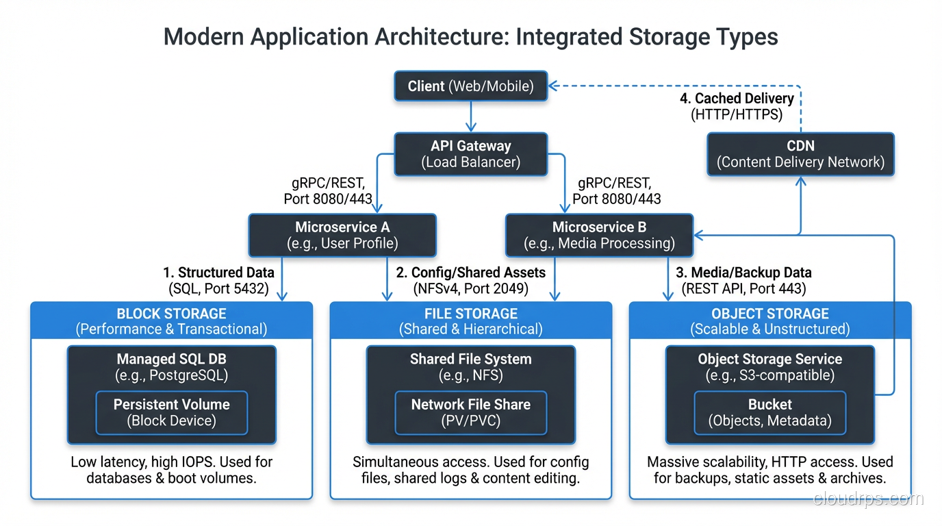 Architecture diagram showing all three storage types working together in a modern application stack