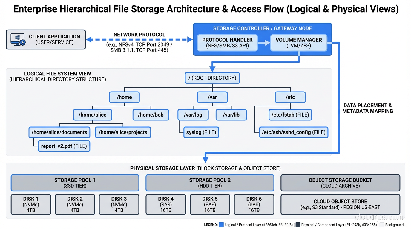 File storage diagram showing hierarchical directory structure with files and folders