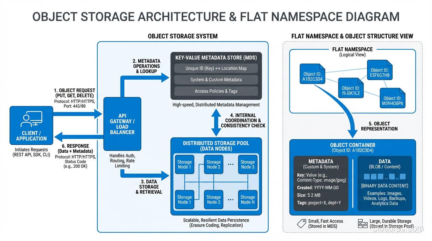 Object storage diagram showing flat namespace with objects containing data and metadata