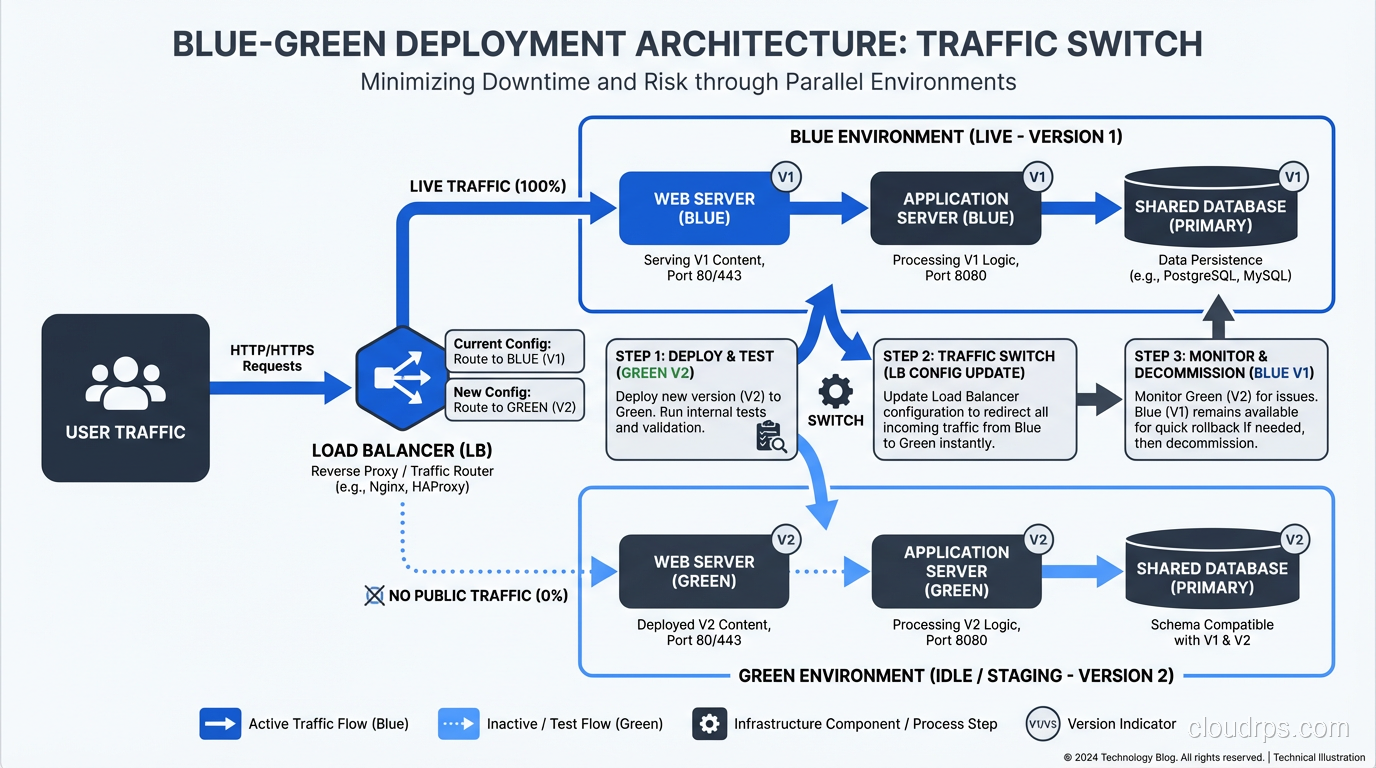 Blue-green deployment architecture showing traffic switch between environments