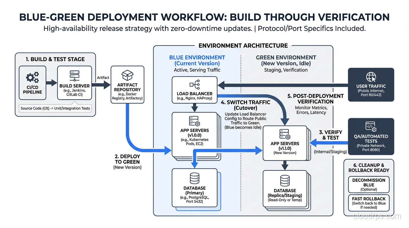 Blue-green deployment workflow from build through verification