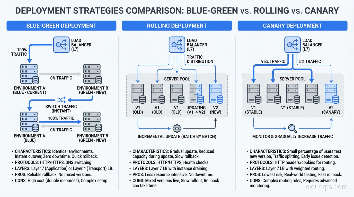 Comparison chart of deployment strategies: blue-green, rolling, canary