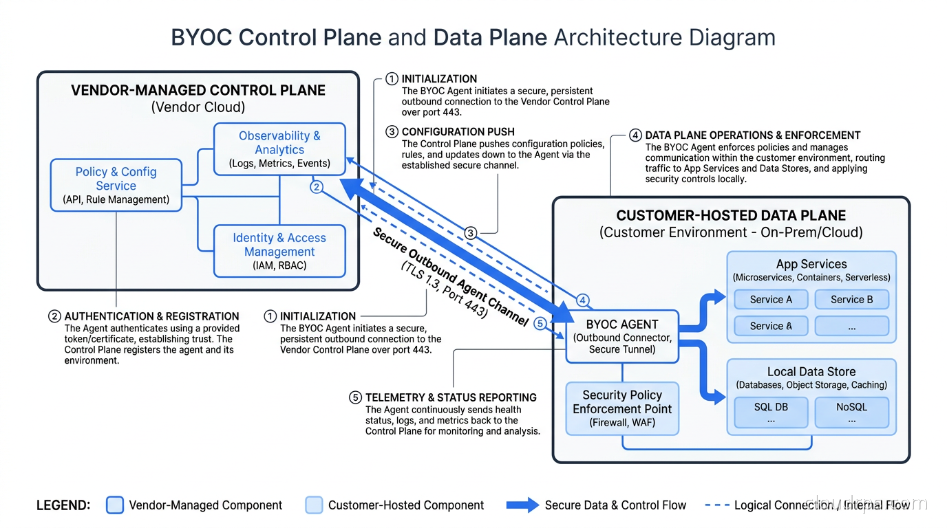 BYOC control plane and data plane architecture diagram showing vendor-managed control plane communicating with customer-hosted data plane via an outbound agent