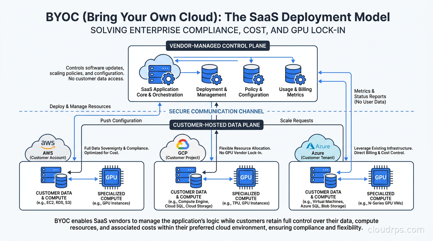 Architecture diagram showing BYOC deployment model with vendor control plane communicating with customer-hosted data plane across AWS, GCP, and Azure