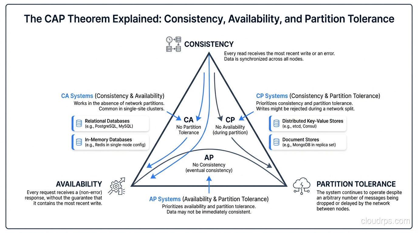 CAP theorem triangle with real-world examples of databases in each category