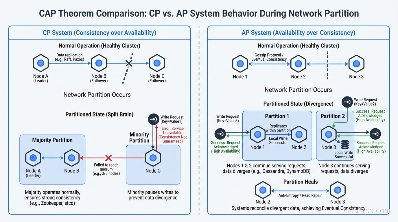 Diagram comparing CP and AP system behavior during a network partition