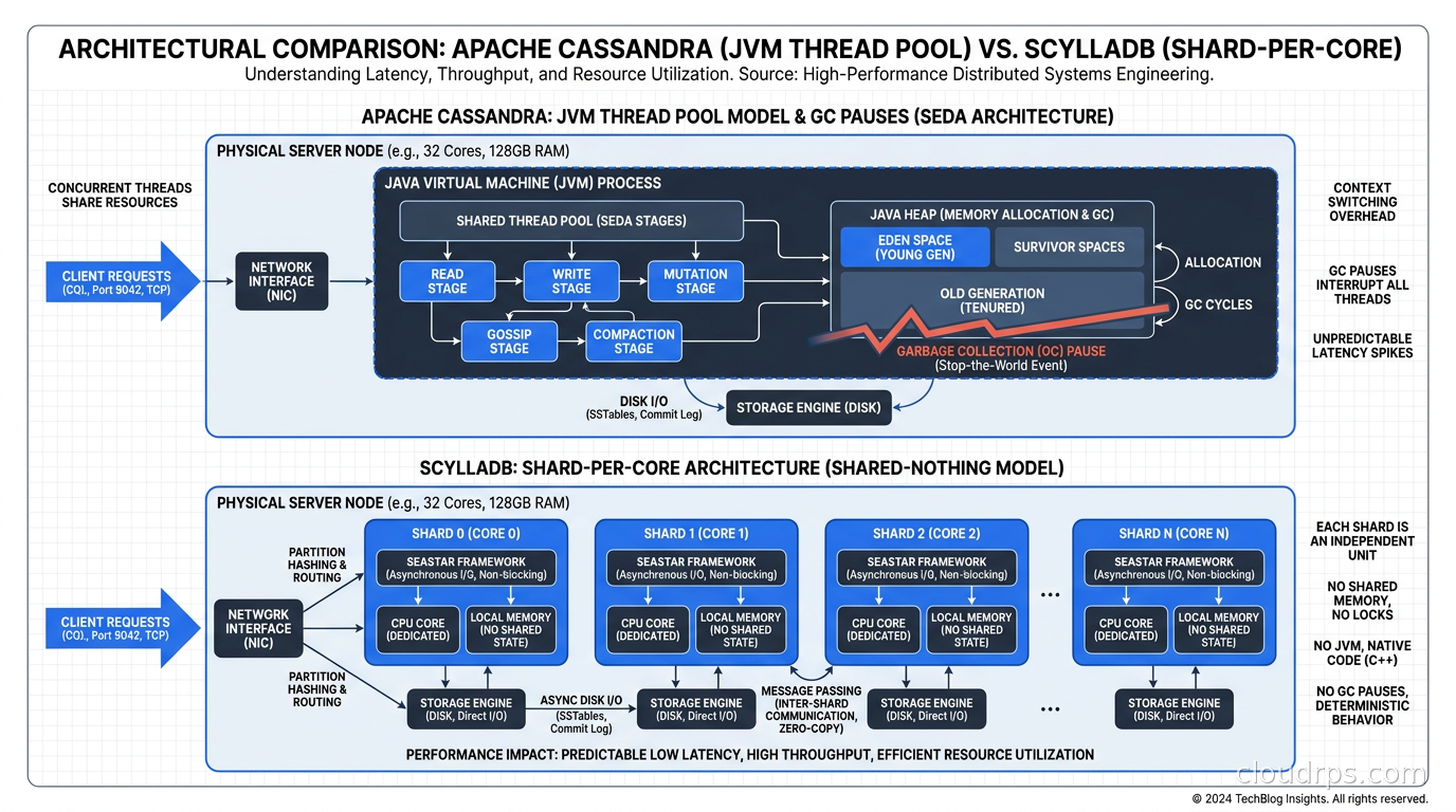 ScyllaDB shard-per-core architecture versus Apache Cassandra JVM thread pool model with GC pauses illustrated