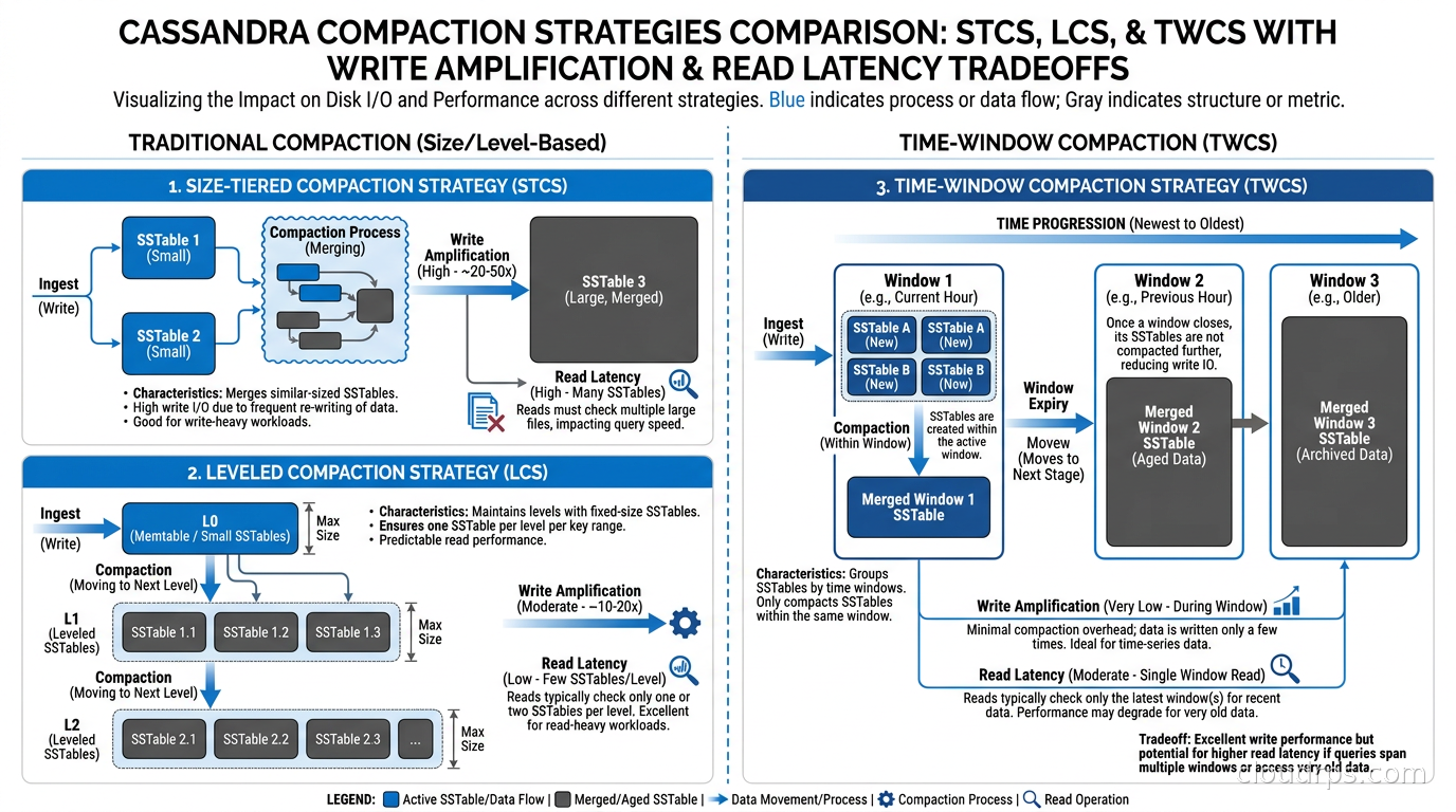 Cassandra compaction strategies comparison: STCS, LCS, and TWCS with write amplification and read latency tradeoffs