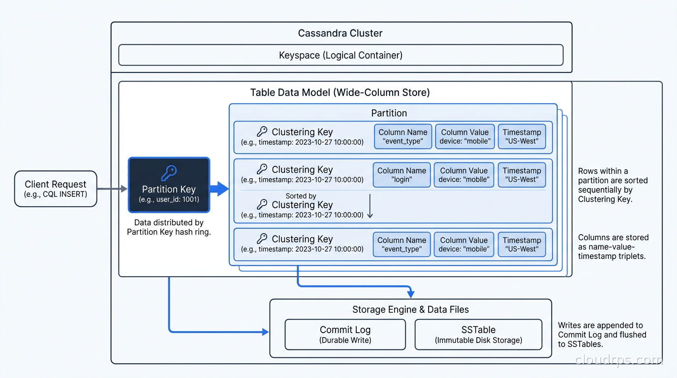 Apache Cassandra wide-column data model showing partition key, clustering key, and column organization within a partition