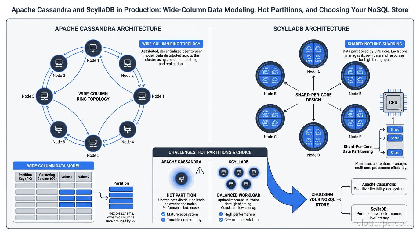 Apache Cassandra and ScyllaDB architecture diagram showing wide-column ring topology and shard-per-core design