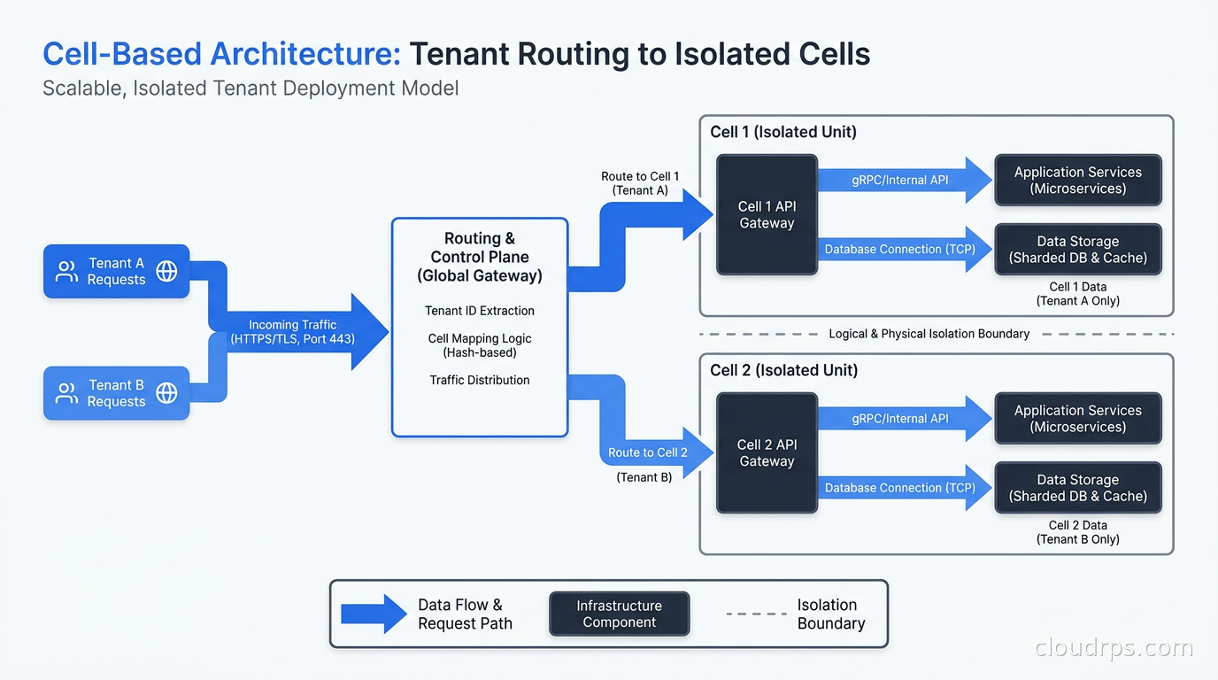 Cell-based architecture diagram showing tenant routing to isolated cells