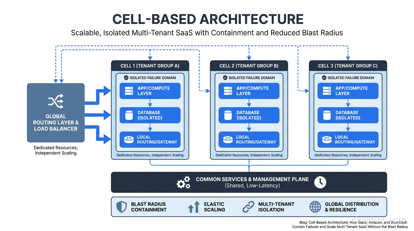 Diagram showing a SaaS platform split into isolated cells, each serving a distinct tenant group with its own compute, database, and routing layer