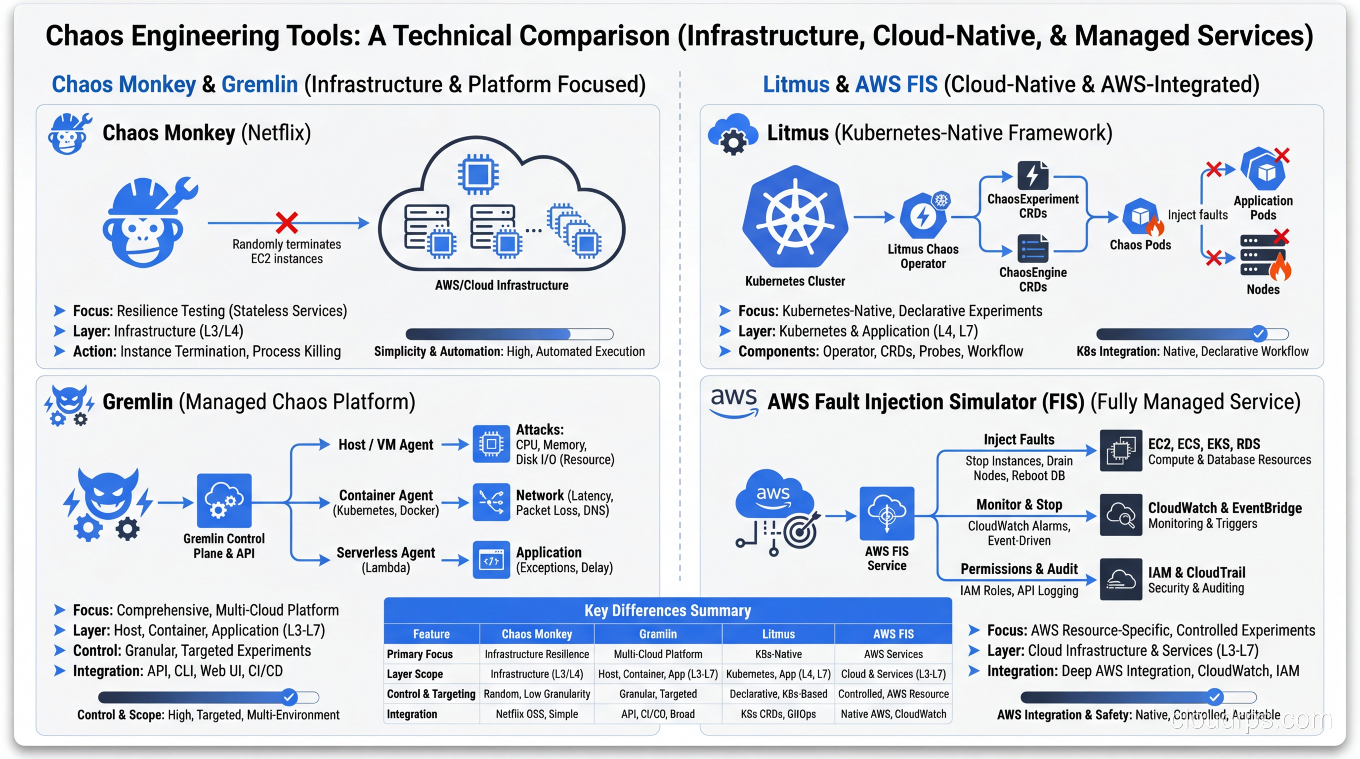 Comparison of chaos engineering tools including Chaos Monkey, Gremlin, Litmus, and AWS FIS