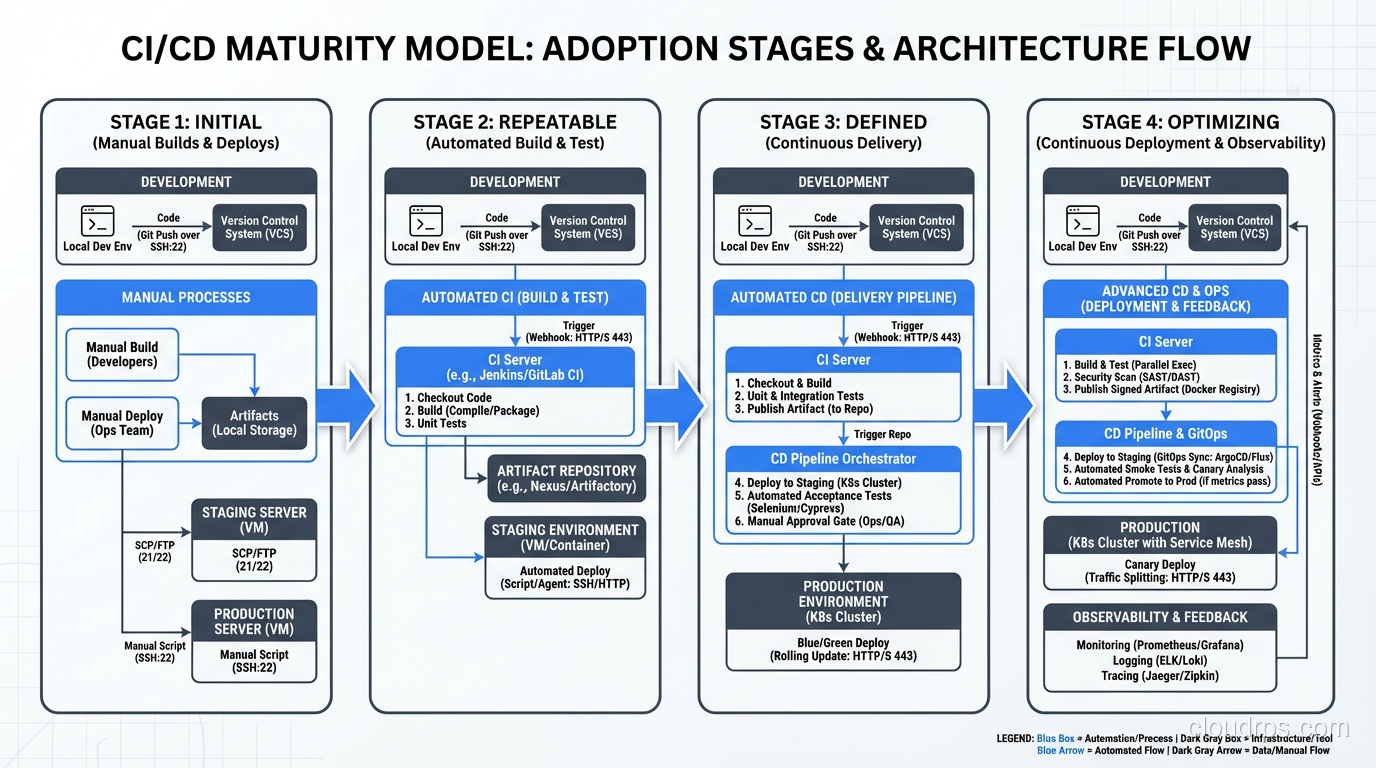 Maturity model showing CI/CD adoption stages from basic to advanced