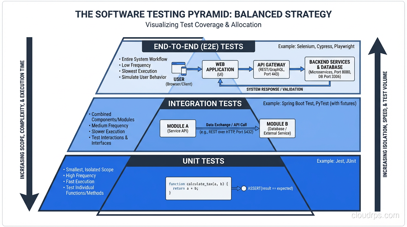 Testing pyramid showing unit, integration, and end-to-end test layers