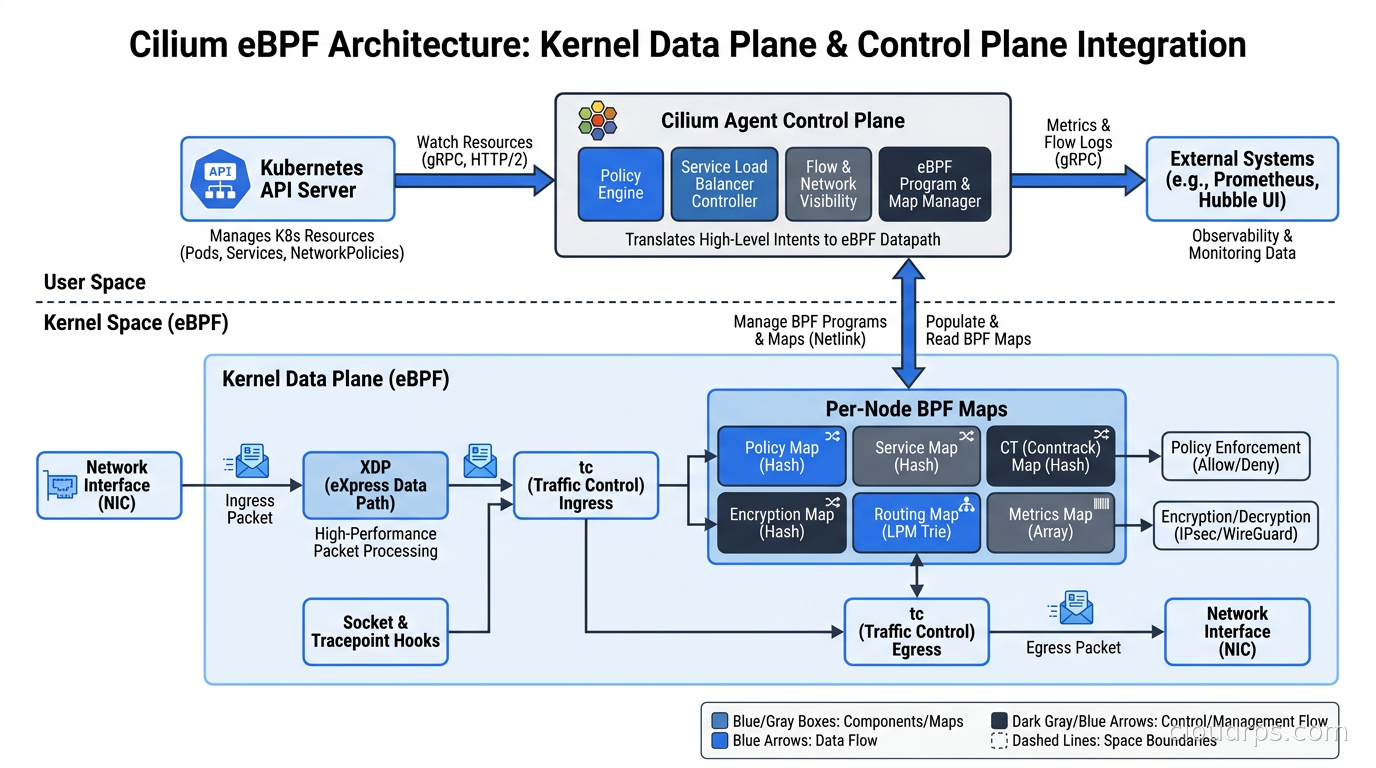Cilium eBPF architecture showing the kernel data plane, per-node BPF maps, Cilium agent control plane, and integration with Kubernetes API