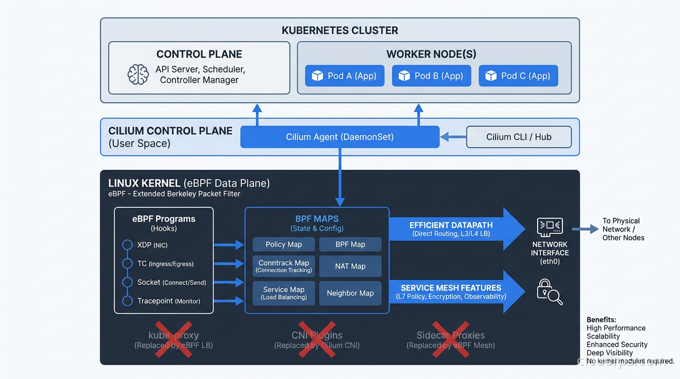 Cilium eBPF networking architecture diagram showing the kernel data plane, BPF maps, and Kubernetes cluster integration