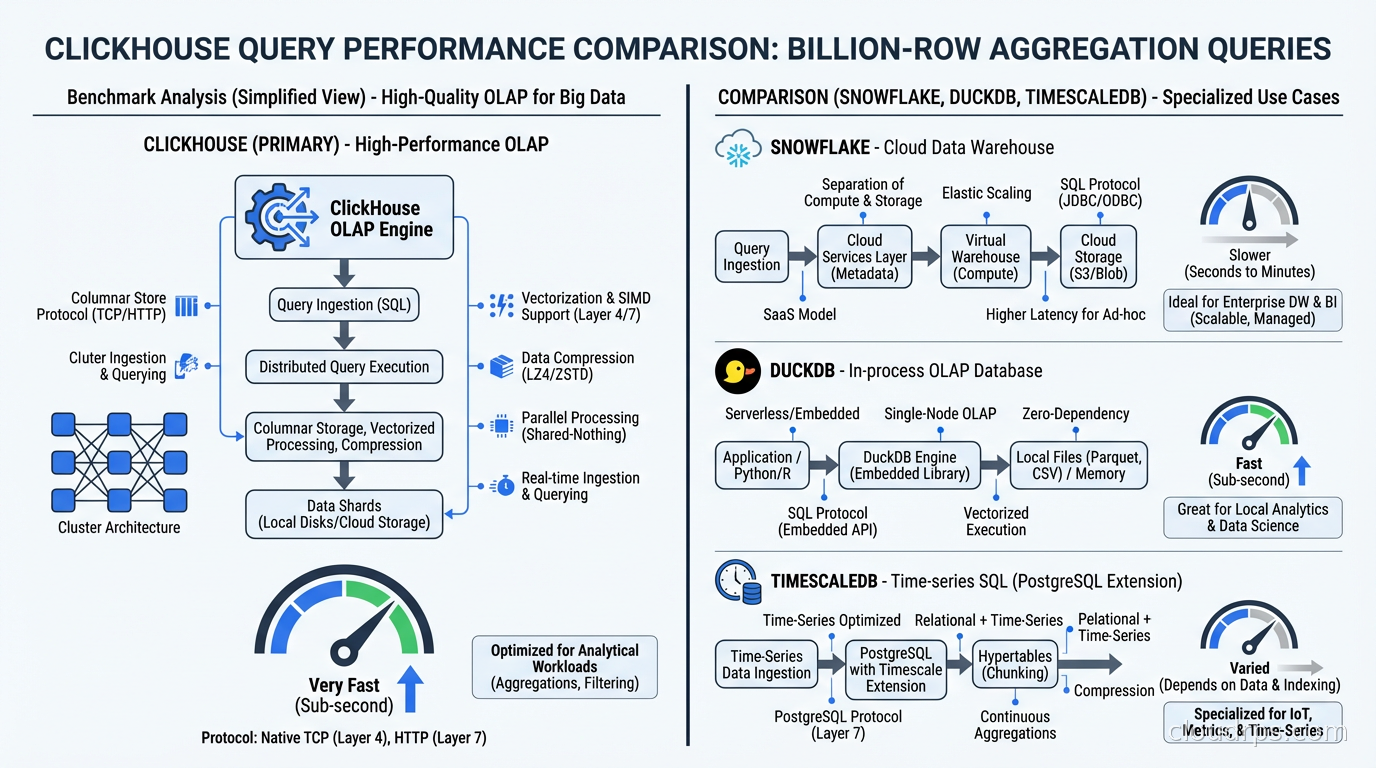 ClickHouse query performance comparison across Snowflake, DuckDB, and TimescaleDB for billion-row aggregation queries