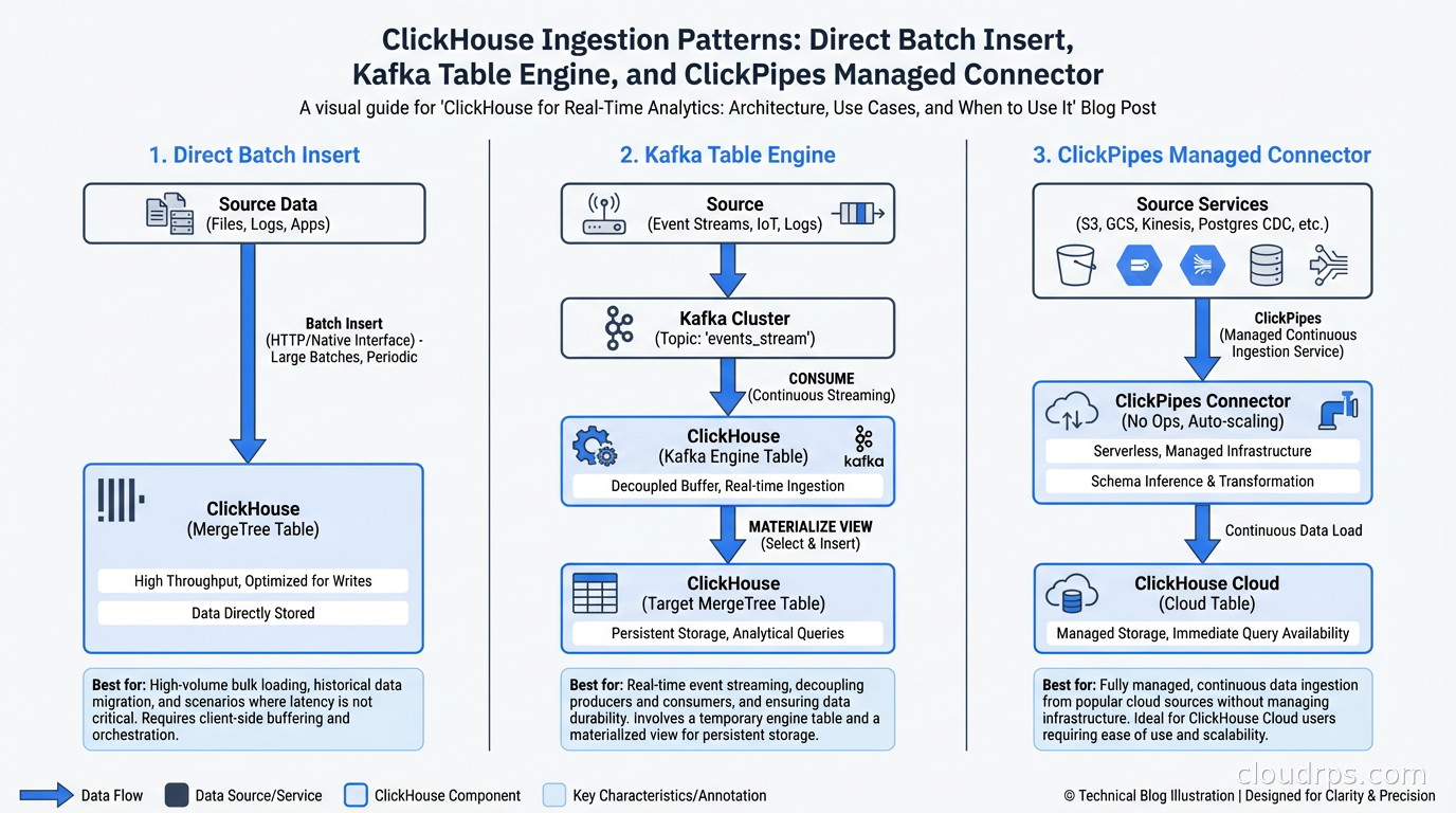 ClickHouse ingestion patterns: direct batch insert, Kafka table engine, and ClickPipes managed connector