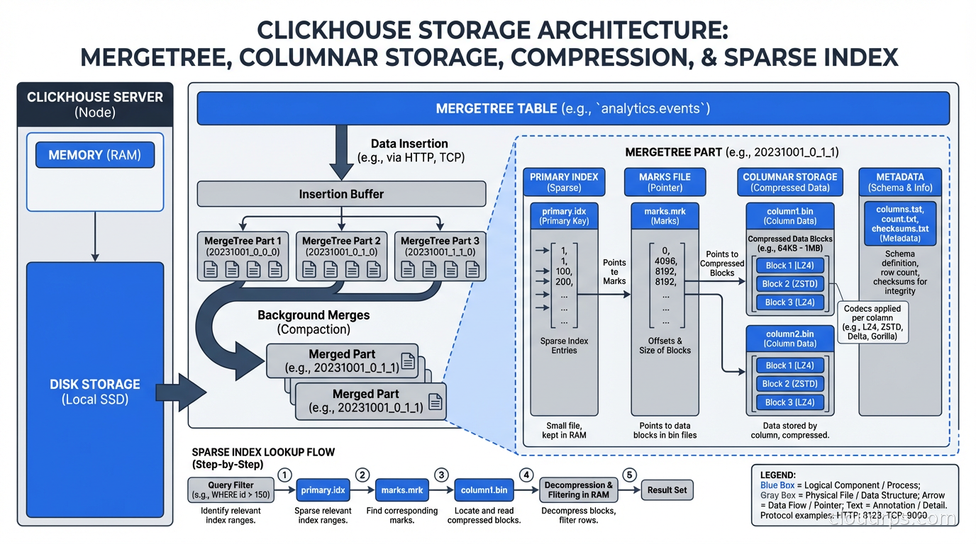 ClickHouse storage architecture showing MergeTree parts, columnar storage, compression codecs, and sparse primary index