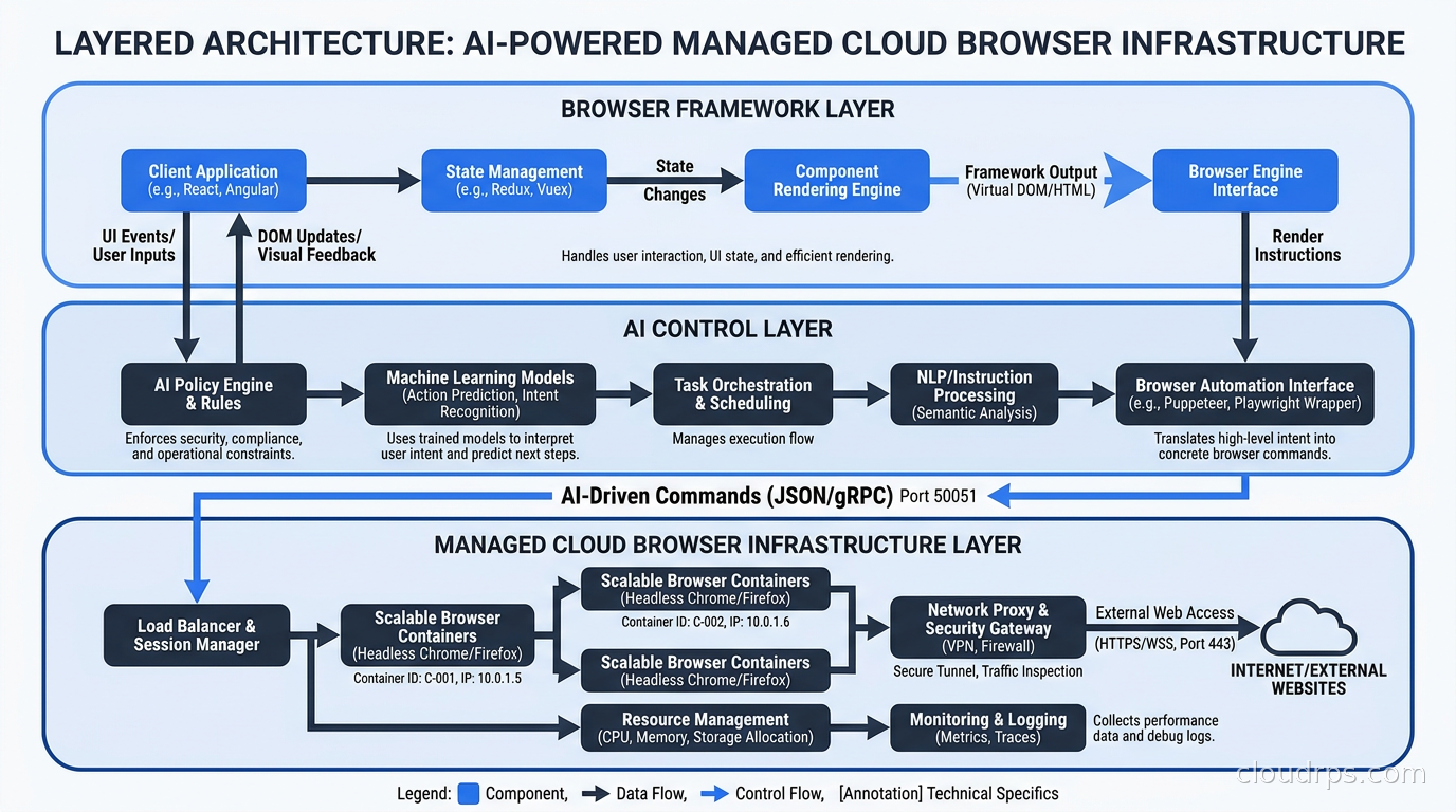 Layered architecture diagram: browser framework layer, AI control layer, and managed cloud browser infrastructure layer
