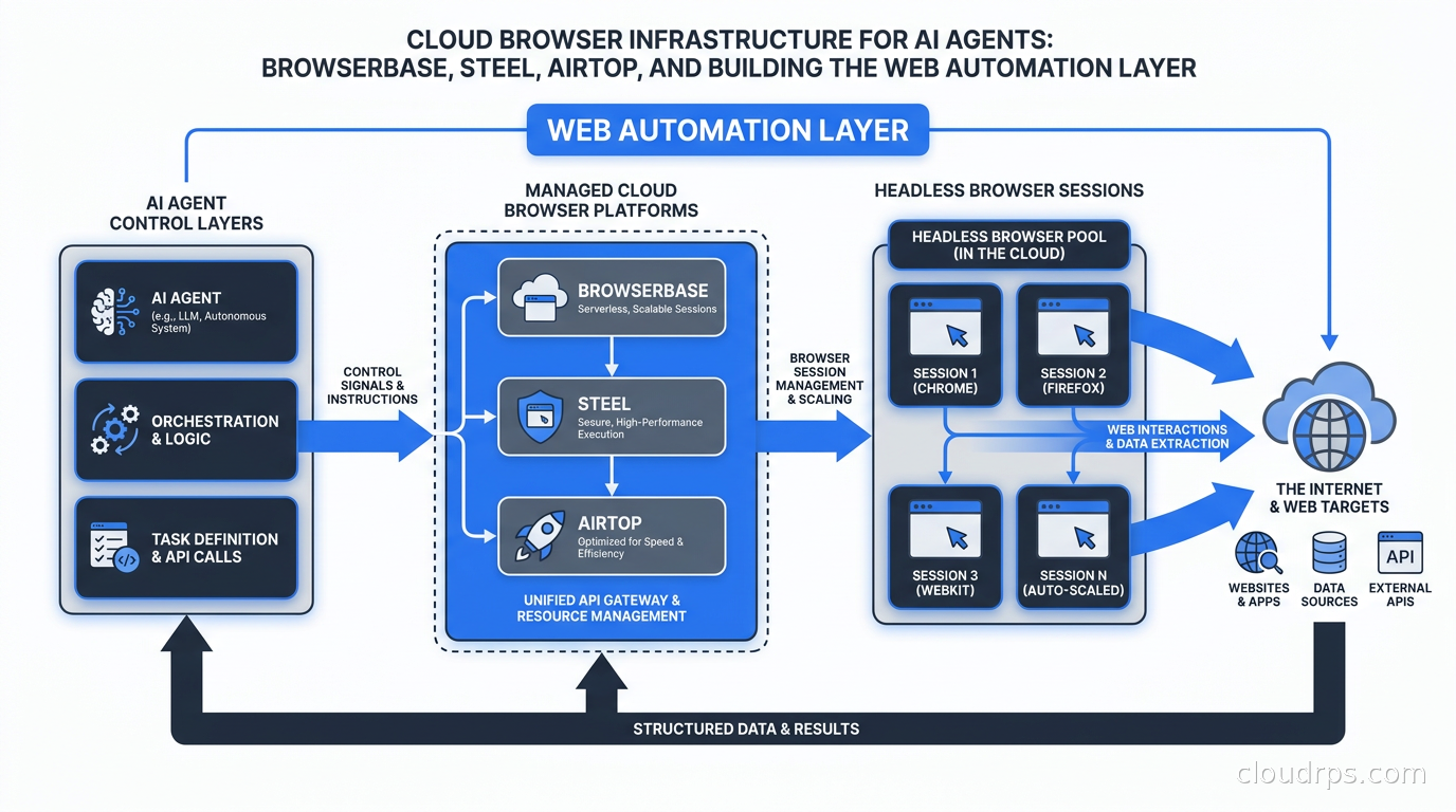 Diagram of cloud browser infrastructure showing headless browser sessions, AI agent control layers, and managed cloud browser platforms