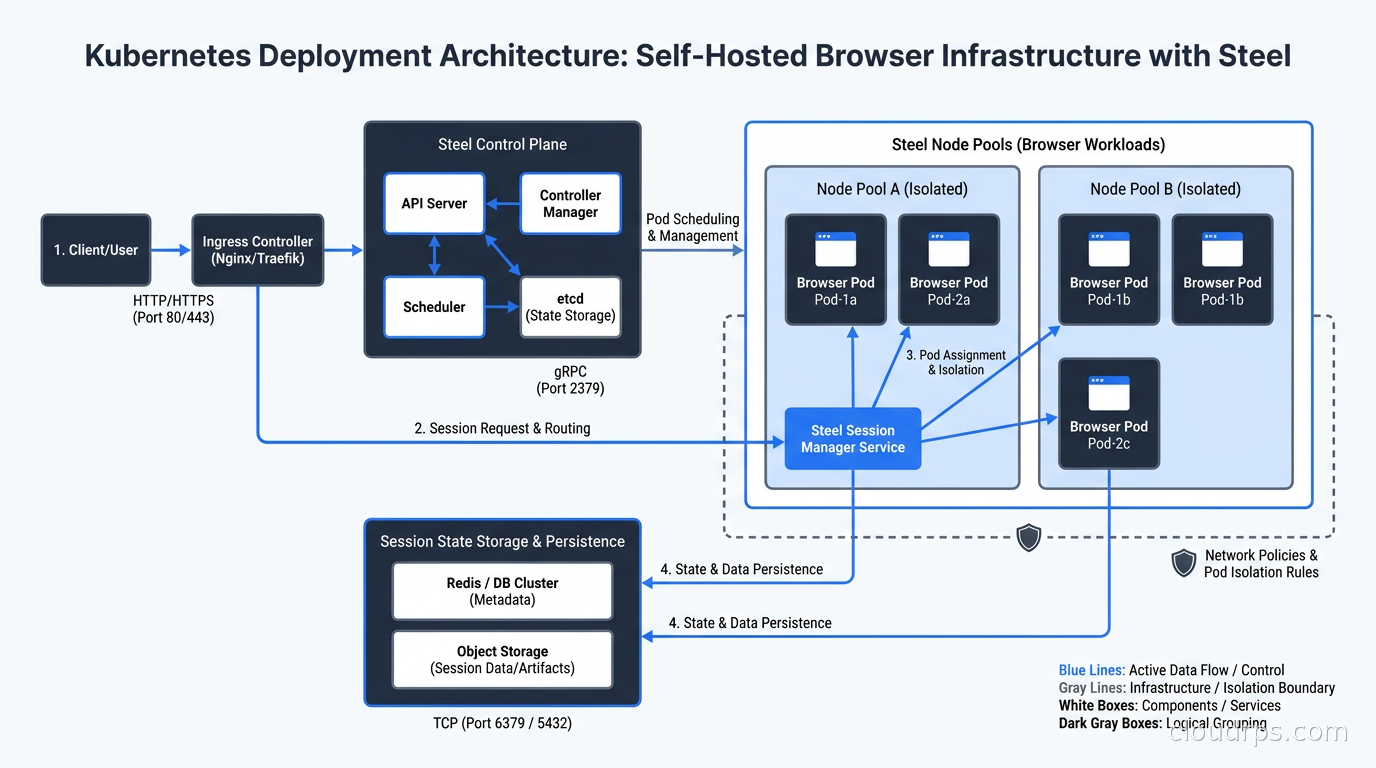 Kubernetes deployment architecture for self-hosted browser infrastructure using Steel, showing pod isolation, network policies, and session state storage