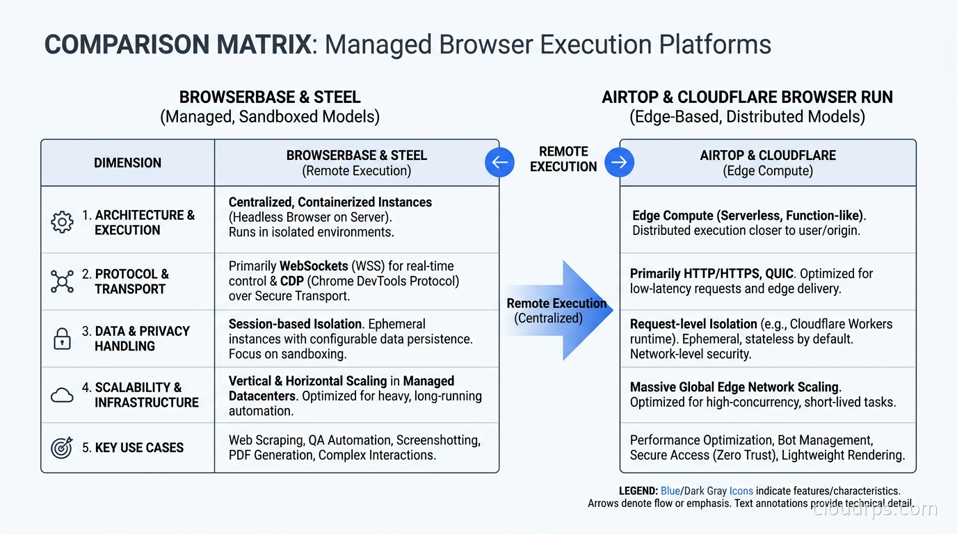 Comparison matrix of Browserbase, Steel, Airtop, and Cloudflare Browser Run across key dimensions