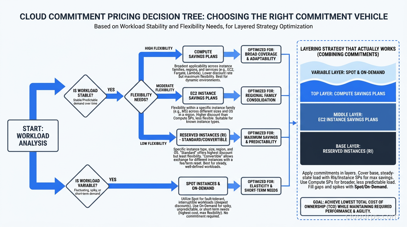 Cloud commitment pricing decision tree: choosing the right commitment vehicle based on workload stability and flexibility needs