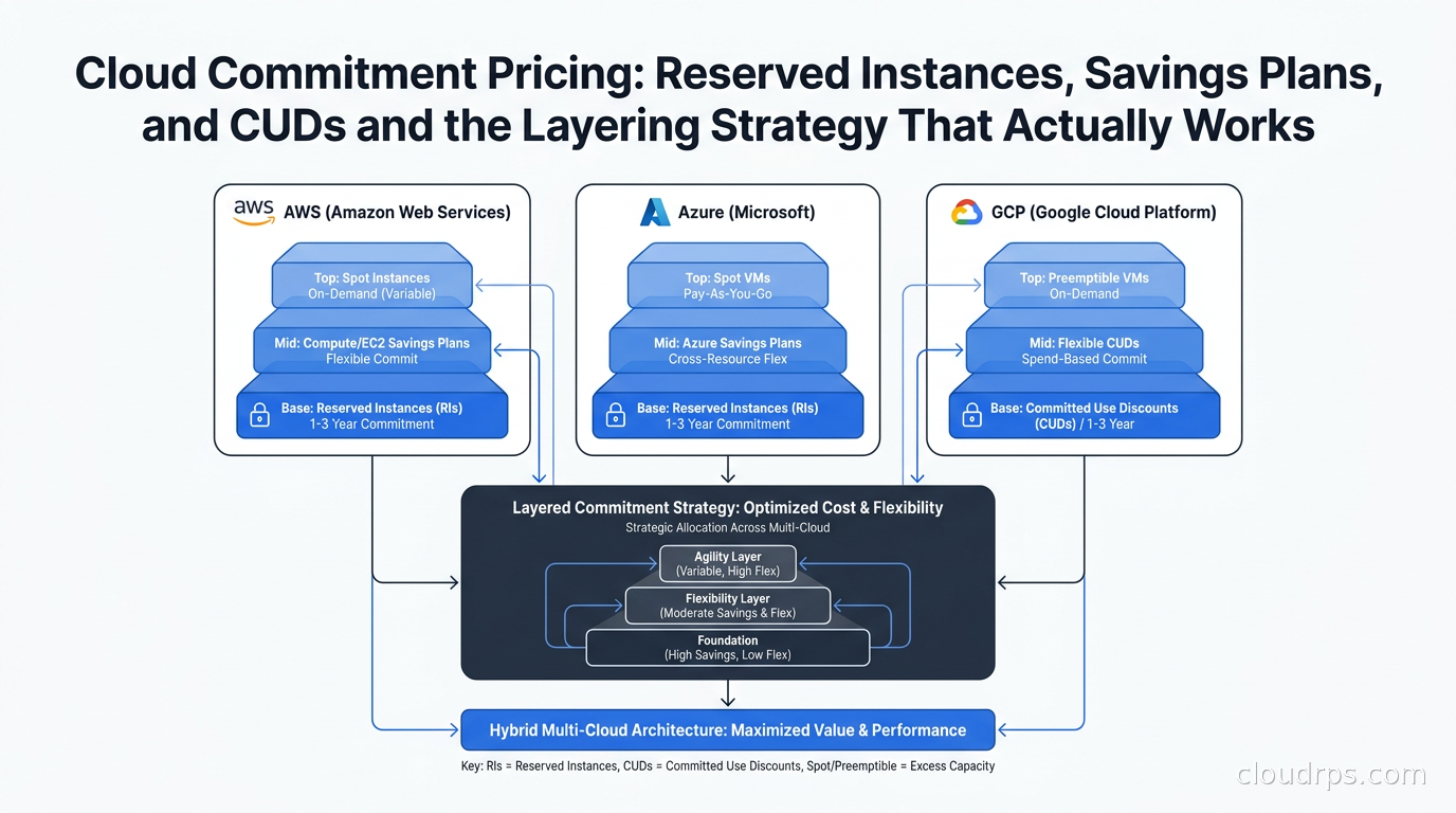 Multi-cloud commitment pricing strategy diagram showing layered discount tiers across AWS, Azure, and GCP